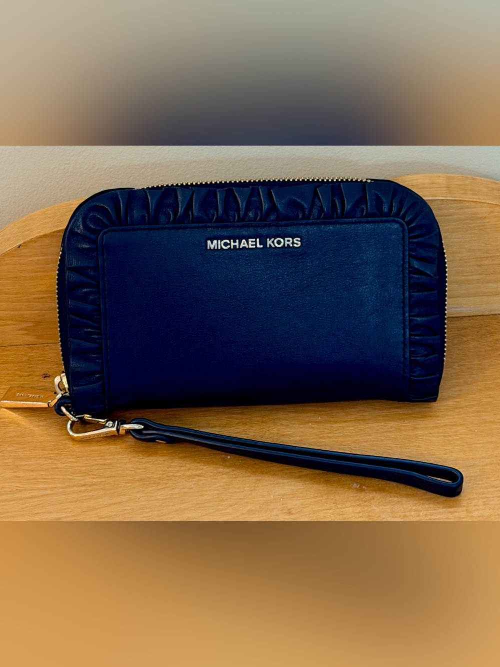 Michael Kors Black Leather Wristlet Clutch with Gold Hardware